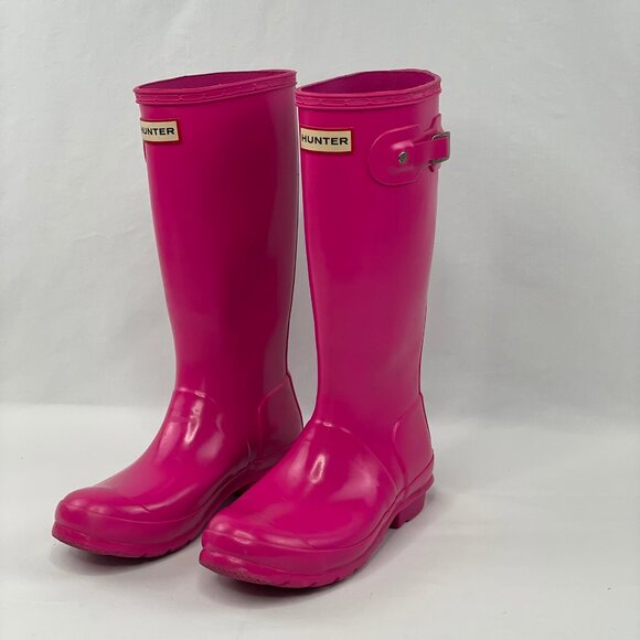 Hunter Original Kids Gloss Tall Wellington Rain Boots Pink Size Girls 6 Women 8 - Picture 3 of 13